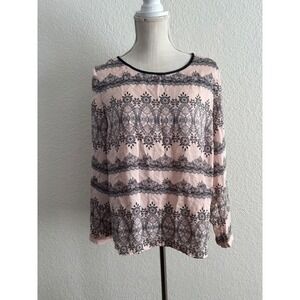 Metaphor Blouse Size Large Excellent Pink Black Lace Print Long Sleeve Top‎